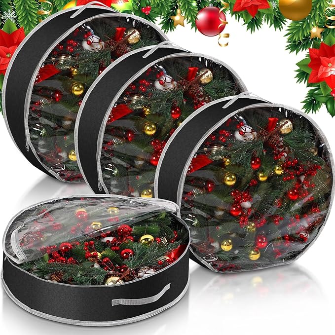 Aliceset 4 Pack Wreath Storage Containers, Christmas Ornament Garland Wreath Storage Bags with Handle Dual Zipper Large Decorative Storages Box for Winter Wreaths(30 x 30 x 7.8 Inch,Black)
