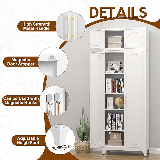 90" Metal Kitchen Pantry Cabinet, 75" Pantry Cabinets with 15" Small Cabinets, Freestanding Kitchen Storage Cabinet for Dining Room, Living Room, Alacena para Cocina, Assembly Required, White