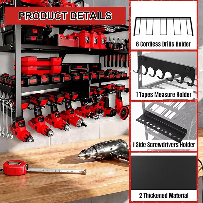 CRELYSTER Large Power Tool Organizer Wall Mount, 4 Layer Heavy Duty 8 Cordless Drill Holder Tool Storage Rack, Load 400lbs Utility Power Tool Rack for Garage,Workbench,Workshop,Gifts for Men