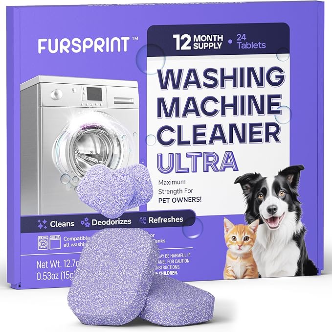 Fursprint Washing Machine Cleaner Tablets Ultra – 40% Stronger Formula: Designed for Pet Owners, Removes Residue, Grime & Odors, Compatible with HE, Top & Front Load, 24 Pack – 12 Month Supply