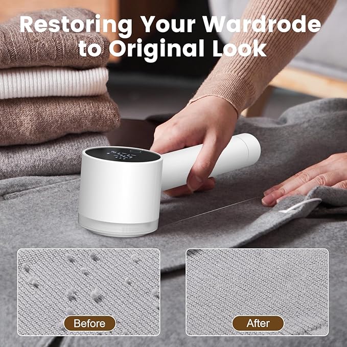 Lentorgi Fabric Shaver Electric Fuzz Remover, 2 in 1 Rechargeable Sweater Shaver with Lint Roller, Magnetic Cap, Digital Display, 2 Extra Blades, Defuzzer for Clothing Furniture Couch - White