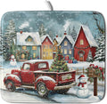 Christmas Dish Drying Mat for Kitchen Counter 18x16 Inch Xmas Red Truck Drying Mat with Absorbent Reversible Microfiber House Snowman Winter Dish Drainer Mats Rack Pad for Coffee Countertop Protector