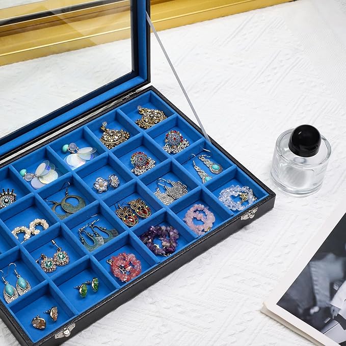Stratalife Earring Organizer Jewelry Tray with See-through Lid Jewelry Holder Organizer Jewelry Organizer Box Jewelry Storage Crystal Holder Rock Collection Box 24 Grid (Blue Black)