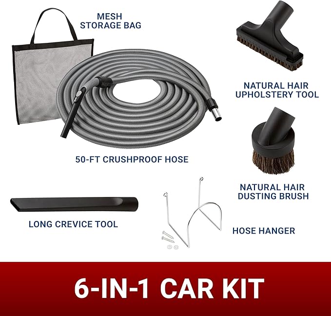 Central Vacuum System Car Care Attachment Set for Interior Car Cleaning. Includes 50FT Crushproof Hose, Natural Hair Dusting Brush, Long Crevice Tool, Mesh Storage Bag and More