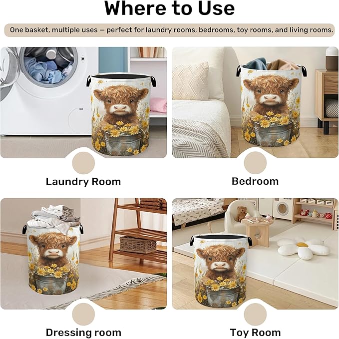 Cute Highland Cow Flower Foldable Canvas Laundry Basket with Handles - Storage Organizer, Heavy Duty for Home，Bedroom, Dorm, Bathroom