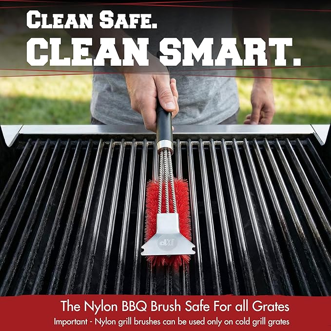 KITCHEN PERFECTION Nylon GrillSaver - Safe BBQ Grill Brush with Replaceable Cleaning Head -Heavy-Duty Grill Cleaner w/Scraper for Porcelain & Ceramic Grates, Includes Magnetic Hanger & Bottle Opener