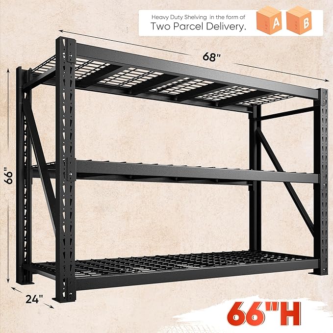 Bepatio 7050LBS Garage Shelving Heavy Duty 67.6''W Storage Shelves Metal Shelving Unit, 3 Tire Shelf,Adjustable Industrial Shelving for Warehouse Commercial Storage Rack,67.6''Wx23.7''Dx66''H