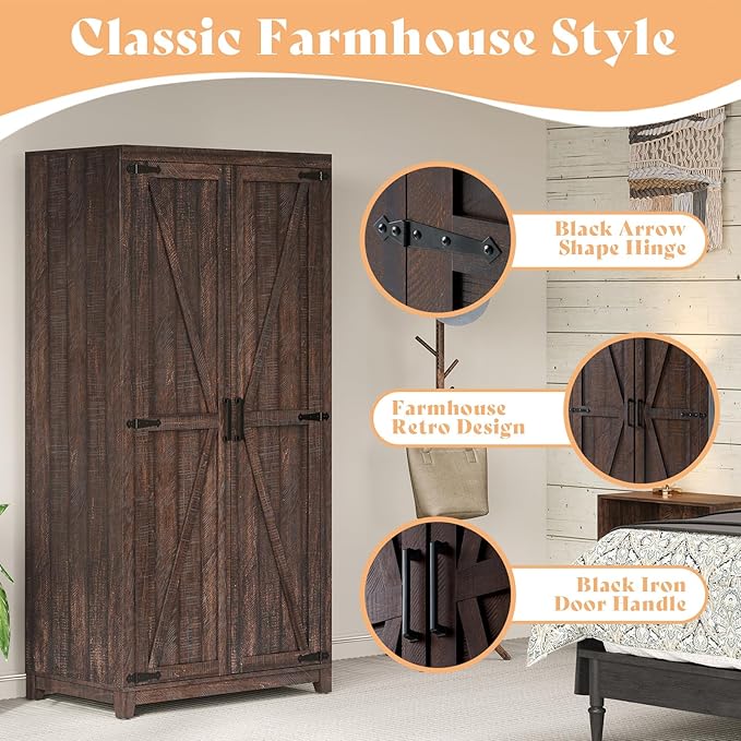 AMERLIFE Farmhouse Armoire Wardrobe Closet with 2 Barn Doors, 71'' Storage Cabinet with Hanging Rod & Shelf, Versatile Clothing Storage for Bedroom, Espresso