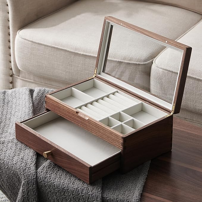 Beexchange Black Walnut Wooden Jewelry Box - Allwood, Handcrafted, Glass Lid 1 drawer. Gift for Women, Men, and Girls. Jewelry Organizer Storage(Double-Layer)