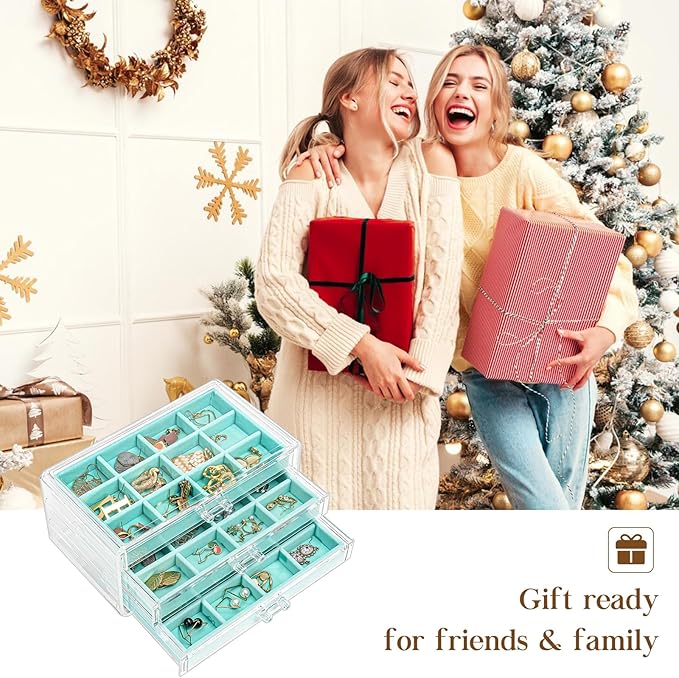 ProCase Earring Holder Organizer Jewelry Box with 3 Drawers, Acrylic Clear Earring Case with Adjustable Velvet Trays for Women - Aqua, 3 Layers