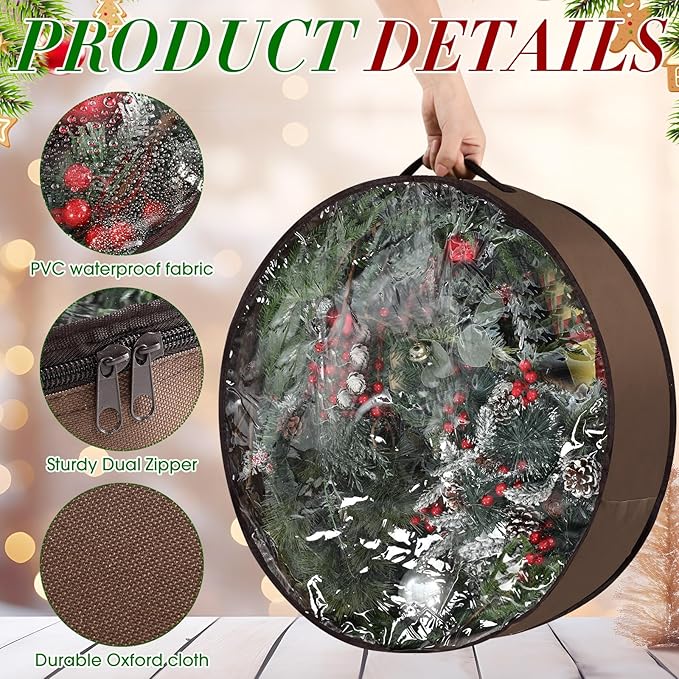 4 Pack Wreath Storage Container, 30 Inch Christmas Wreath Storage Box with Clear Window and Handles Upgrade Oxford Cloth Garland Bags with Dual Zipper for Xmas Wrapping, Brown