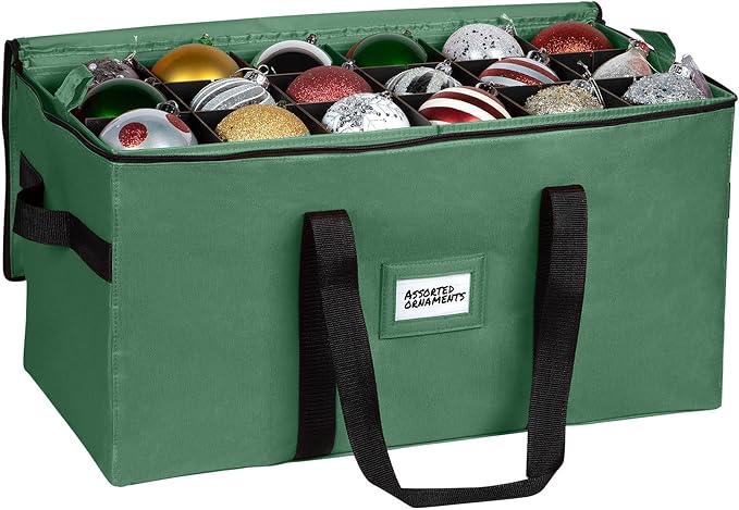 Christmas Ornament Storage Container,Box Stores Up to 54-4", Adjustable Dividers, Large Organizer Bin to Protect and Store Holiday Décor - Green