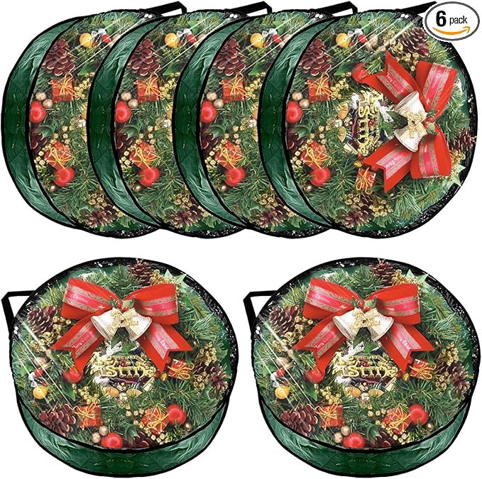 6 Pack Wreath Storage Container Bag, 24x8 Inch Christmas Wreath Storage Container Heavy Duty Christmas Wreath Boxes with Clear Window for Xmas Holiday Seasonal Wreath Garland (Green)