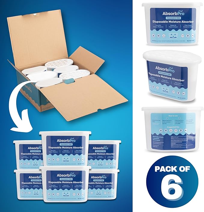Absorb Pro - Moisture Absorber Tub Fragrance Free - 6-Pack - 10.5 oz Unscented Disposable Odor Eliminator Box & Dehumidifier for Garage, Home, Kitchen, Bedroom, Bathroom, Closet, Cars, and Boats
