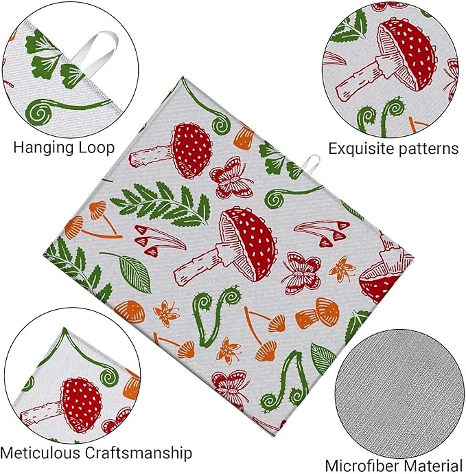 Dish Drying Mat For Kitchen Counter, Red Mushroom Microfiber Absorbent Dish Drainer Rack Pad Reusable Large 18x24in Drying Mat