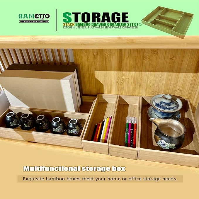 BAMOTTO CRAFTBAMBOO Stack Bamboo Drawer Organizer Set of 5, Kitchen Utensil, Flatware&Silverware Organizer-Wood Laminated Stackable for Kitchen, Bedroom, 13.4''x4.5''*2+10.2''x3.3''*2+10.2''x6.7''*1