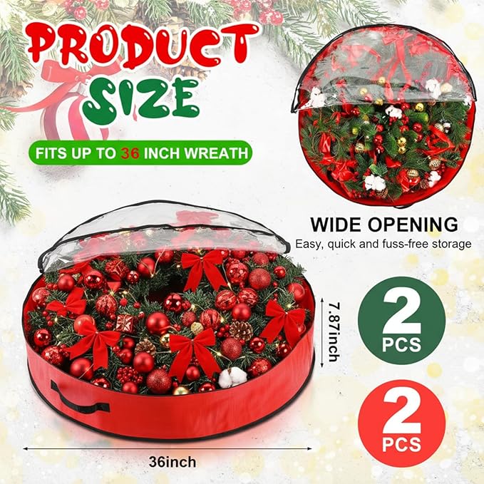 Aliceset 4 Pack Wreath Storage Containers, Christmas Ornament Garland Wreath Storage Bags with Handle Dual Zipper Large Decorative Storages Box for Winter Wreaths(36 x 36 x 7.8 Inch,Red, Green)