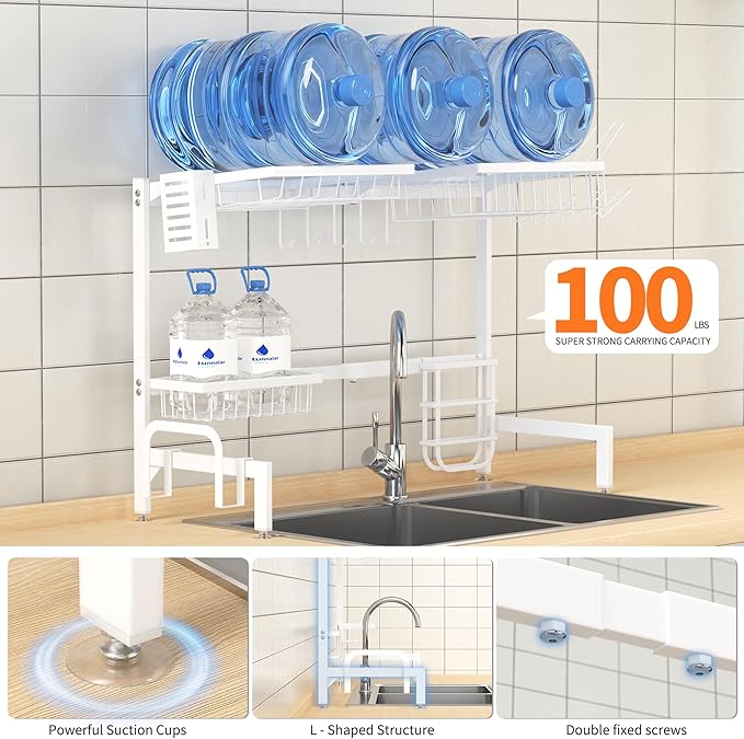 HOTEAGLE Dish Drying Rack for Kitchen Counter 2 Tier Expandable Over Sink Dish Rack, 25.6"-33.5" L x 12.4" W x 20.5" H, White