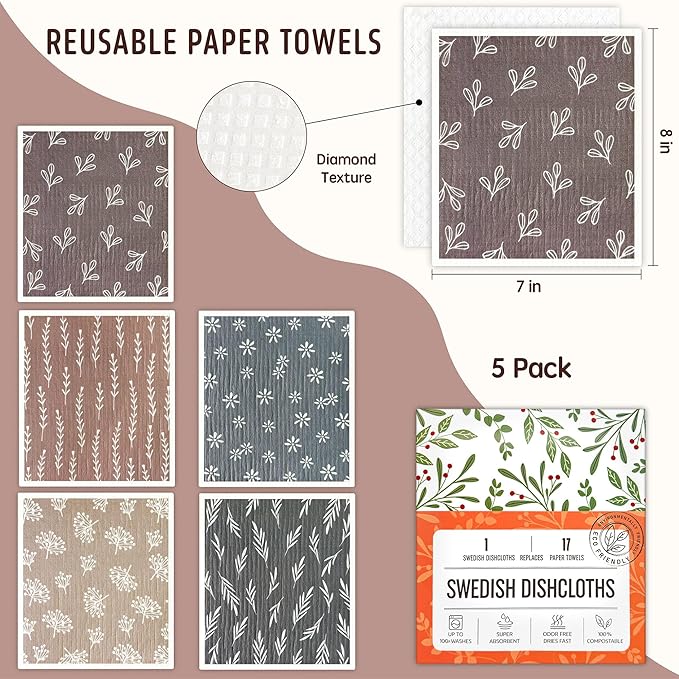 Augine Swedish Dishcloths for Kitchen, 5 Pack Reusable Paper Towels Washable, Super Absorbent Swedish Dish Cloths, Non-Scratch, Biodegradable