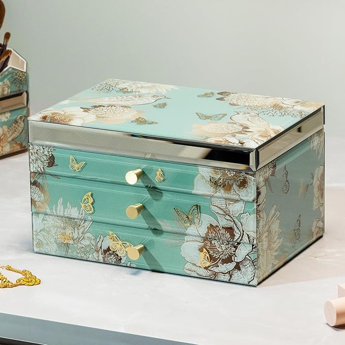 Glass Jewelry Box With Butterfly & Flower Patterns, 3-Tier Organizer for Women Girls,Jewelry Gift Decorative Boxes, Art Painting Tabletop Organizer For Earring Necklace Christmas Gifts