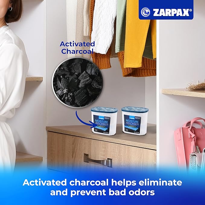 ZARPAX Moisture Absorber Activated Charcoal 18 oz/510g | Removes Moisture, Damp, Humidity & Odors | Odor Absorber | Moisture Trap for Bathroom, Closet, Kitchen & Small Spaces | Set of 6