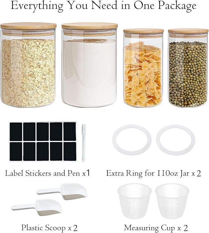EQEY Glass Storage Jars Set Elegant Containers with Airtight Bamboo Lids, Perfect for Kitchen Organization - Flour, Rice, Pasta, Sugar, Coffee Beans (2 packs(37oz) / 2 packs(111oz))