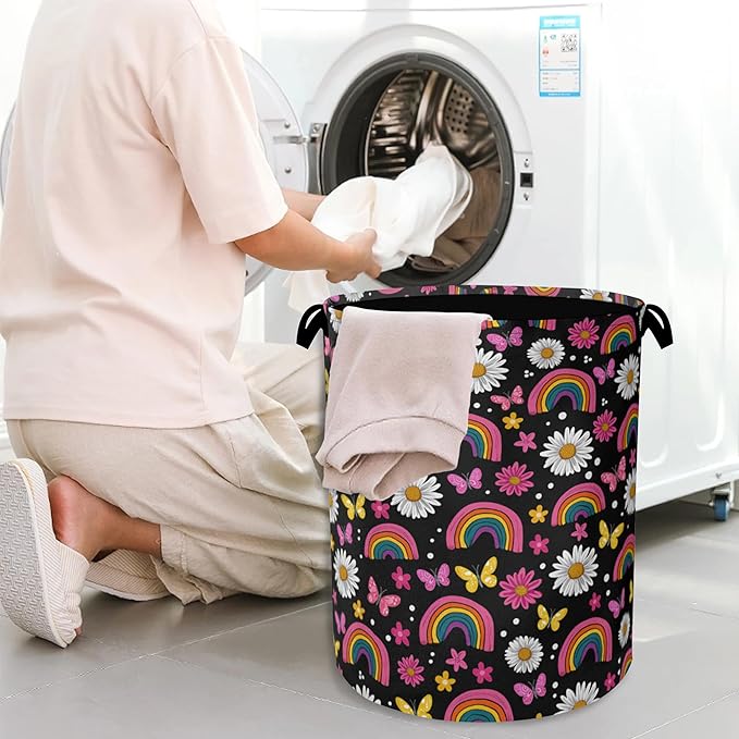 Rainbow Boho Butterfly Laundry Basket,Daisy Oxford Cloth Laundry Hamper with Handle Foldable Portable Clothes Storage Basket for Bathroom Bedroom Dorm Room 16" x 20.8"