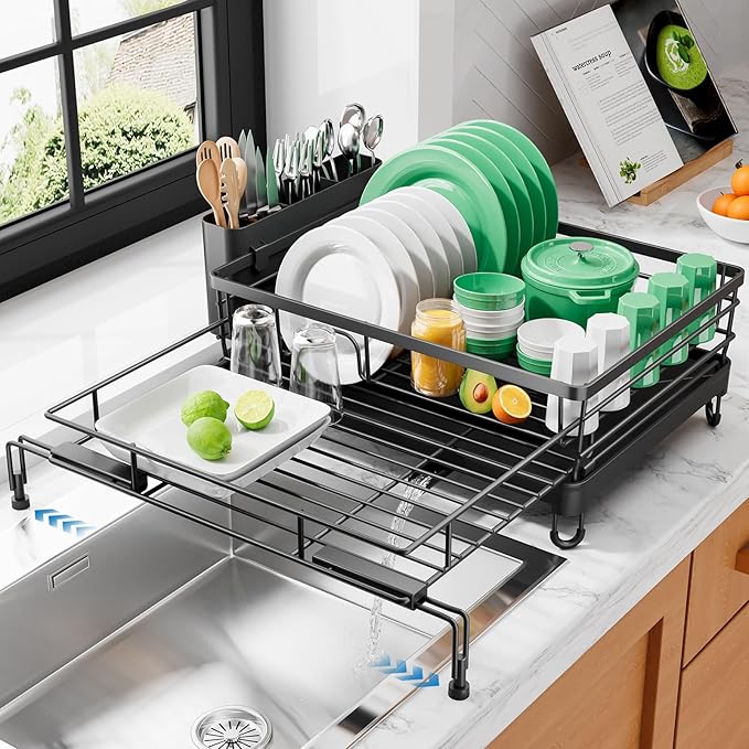Kitsure Extendable Dish Drying Rack - Rust-Resistant Dish Racks for Kitchen Counter with Adjustable Support Legs, Cutlery Holder & Removable Draining Tray (Black, 15.6''-25.2''L × 16.9''W × 8.1''H)