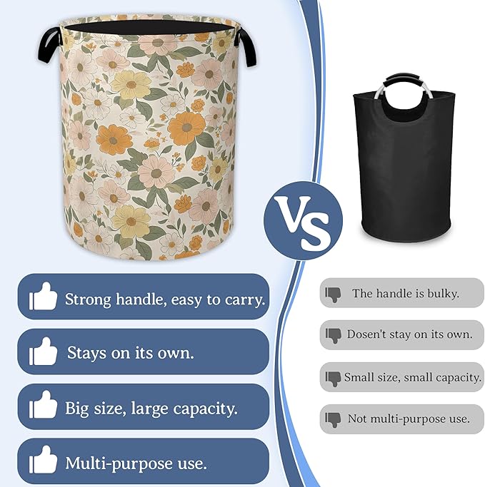 Retro Boho Groovy Flower Laundry Basket,Foldable Waterproof Oxford Cloth Tote Bag Laundry Hamper with Handles,20.8"x16" Clothes Storage Bucket Organizer for Laundry Room, Bathroom, Bedroom