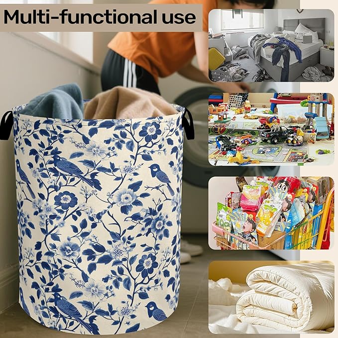 Navy Blue Beige Birds Laundry Basket - Heavy Duty 60L Dirty Clothes Organizer, Water Resistant Foldable Hamper for Men Women