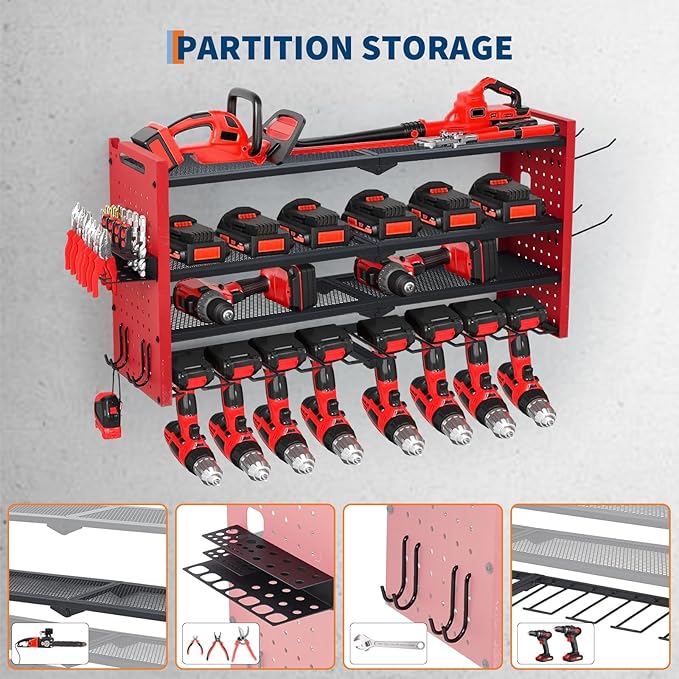 Festisoul Heavy Duty Wall Mount Tool Organizer Rack, 4-Tier Metal Garage Storage with 8 Drill Slots & Hooks, 240 Lbs Capacity Power Tool Organizer for Workshop, Garage, Gift for Men