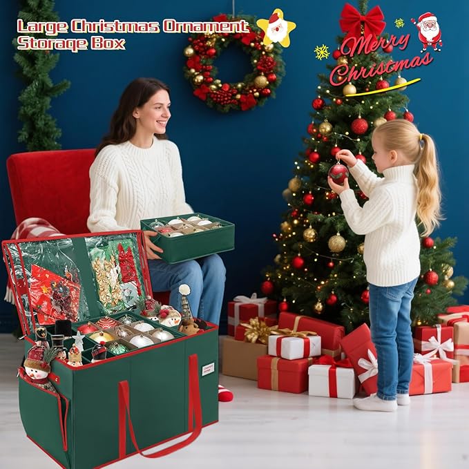 Large 2-in-1 Christmas Ornament Storage Box & Xmas Figurine Container,4 Separate Trays Keep 64-3"/ 54-4" Holiday Ornaments,Adjustable Extent Area for Figurines and Pockets for Decoration