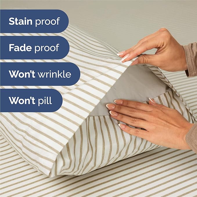King 6 Piece Sheet Set - Comfy Breathable & Cooling - Soft Hotel Luxury Bedding Set with 8-16 Inch Deep Pockets - 1 Flat & 1 Fitted Sheet & 4 Pillowcases - Wrinkle Free & Easy Care - Beige Stripes 2