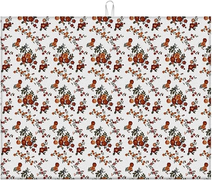 Dish Drying Mat For Kitchen Counter, Retro Brown Flowers Floral Microfiber Absorbent Dish Drainer Rack Pad Reusable Large 18x24in Drying Mat