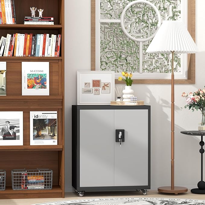 31.5''H Metal Storage Cabinet with Wheels, Garage Tool Storage Cabinets with Lock, Lockable Steel Rolling Tool Chest with Doors & Adjustable Shelves for Garage, Home, Office