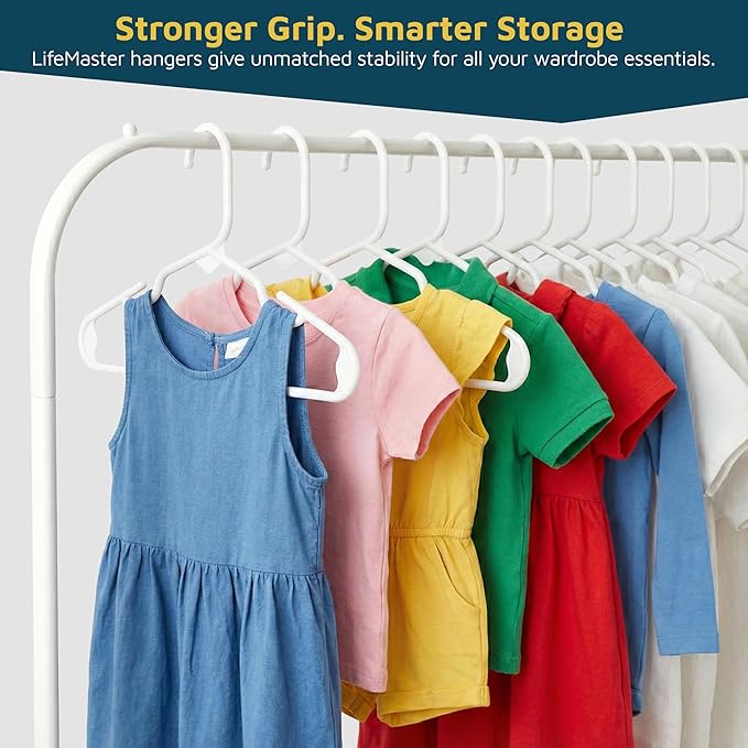 Lifemaster Plastic Kids Clothes Hanger – Children Clothes Hanger with Shoulder Notch, 11.6 Inch Space-Saving Closet Organizer for Baby, Toddler, and Kids Clothing, Hold Up to 5 lbs, Pack of 20, White