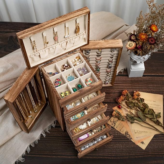 Jewelry Boxes for Women Girls, 9"x 5.9"x 12" Wooden 5-Layers Jewelry Organizer and Storage with Drawer, Suitable for Earring, Ring, Necklace, Bracelet, Gifts for Women