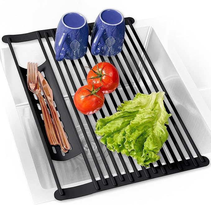 BELLE TERRE Multipurpose Roll-Up Dish Drying Rack - Silicone Wrapped, Heat-Resistant, Anti-Slip - Perfect for Small Kitchen Sink, 17" x 13"