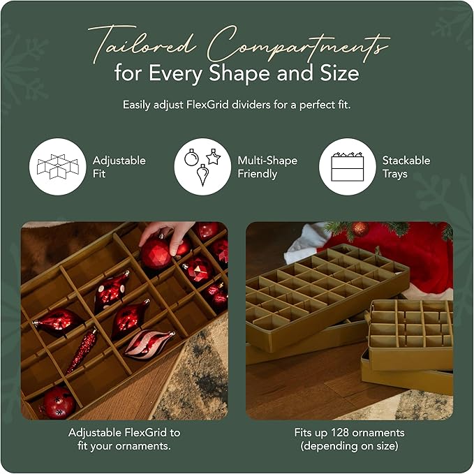 Covermates Keepsakes Adjustable Ornament Storage Box – Heavy-Duty Polyester, Padded Dividers & FlexGrid Trays – Protective Holiday Organizer with Stackable Walls & Label Window, Green Snowflake