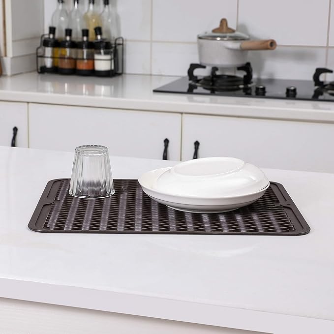 MicoYang Silicone Dish Drying Mat for Multiple Usage,Easy clean,Eco-friendly,Heat-resistant Silicone Mat for Kitchen Counter or Sink,Refrigerator or drawer liner Coffee L 16 inches x 12 inches
