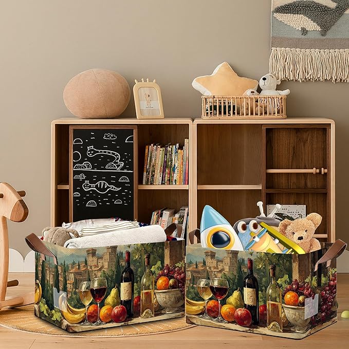 Vintage Red Wine Storage Baskets,Butterfly Plants Foldable Large Capacity Organizer Bins with Waterproof Lining and Leather Handles for Closet,Shelf,Bedroom 17x11.5x10Inch