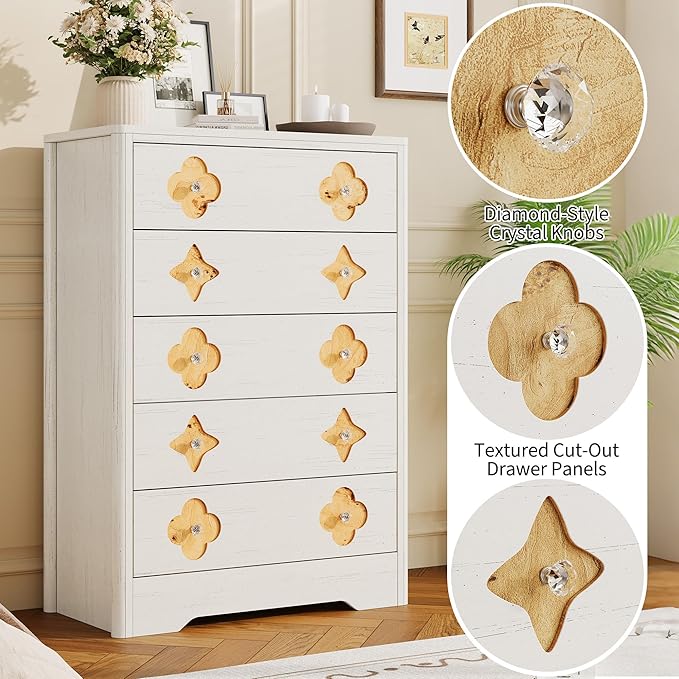 Garvee Dresser for Bedroom with 5 Drawers, 45'' Tall Chest of Large Decorative Drawer Front with Large Clothes Storage Cabinet, Wood Bedroom Dresser, TV Stand for Nursery, Living Room, Enterway