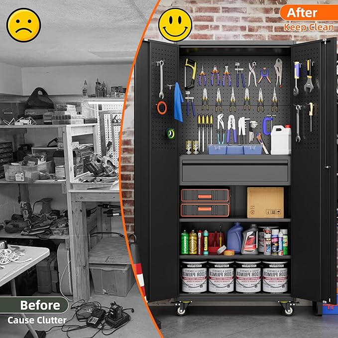 Aobabo Metal Storage Cabinet with Wheels and Adjustable Pegboard, 71" H Steel Rolling Cabinet with 16 Hooks and 1 Interior Drawers for Garage, Home, Office, Kitchen, Black, Assembly Required