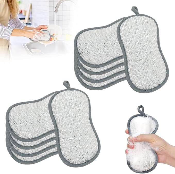 Multipurpose Cleaning Sponges, Non Scratch Double-Sided Heavy Duty Scrub Sponges, Silver Stainless Steel and Multi-Layer Fiber, Metal Scrubbing Pads Sponge Cloths for Home Kitchen (10)