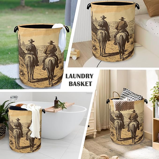 Western Cowboy Laundry Basket,Oxford Cloth Laundry Hamper with Handle Foldable Portable Clothes Storage Basket for Bathroom Bedroom Dorm Room 16" x 20.8"