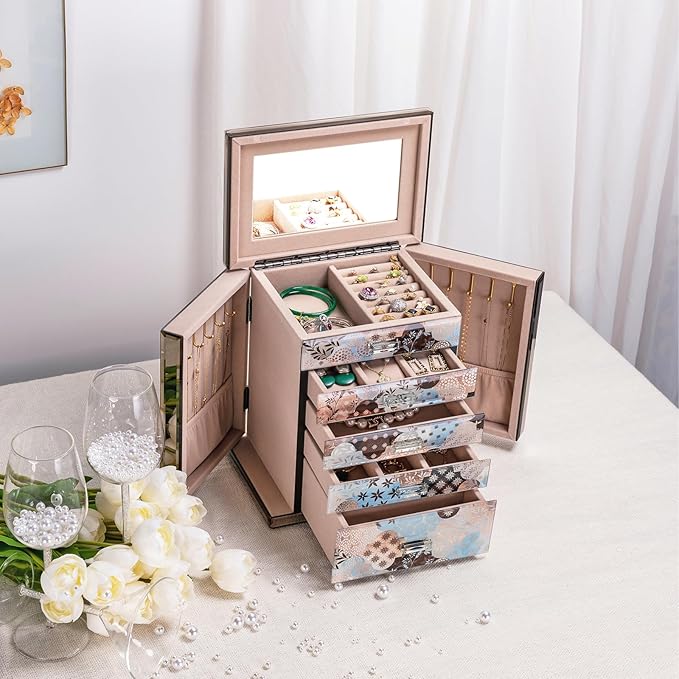 High End Glass Jewelry Box - 5 Layer Jewelry Organizer with 2-Sided Doors and Mirror - Velvet-Lined Organizer For Ring, Necklace, Earring, Bracelet Storage - Valentine's Day Gift For Women