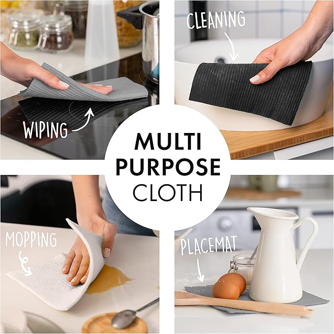 SUPERSCANDI 6 Pack Swedish Dishcloths for Kitchen - 100% Biodegradable & Compostable Reusable Paper Towels Washable, Food-Safe & Without Plastic - Dish Rags Suitable for Any Surface, Grey