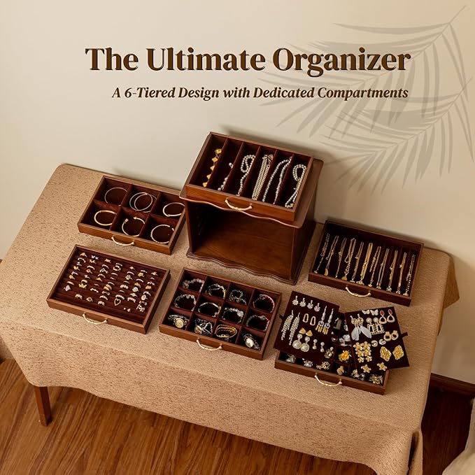 KINTNESS Black Walnut Wooden Jewelry Box - 6 Drawers Solid Wood Large Jewelry Organizer with Secret Compartment for Women Girls, Jewelry for Bracelet, Necklace, Ring, Earring