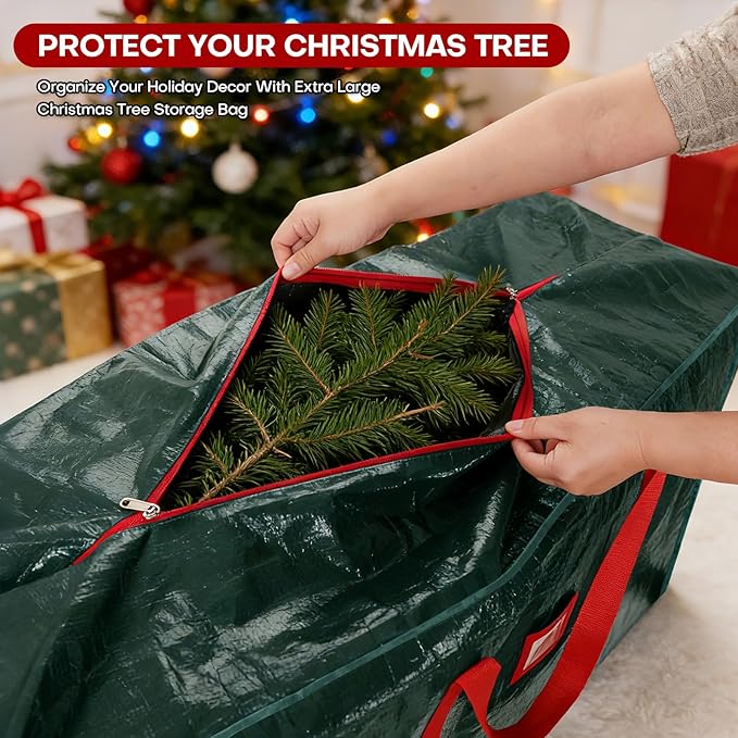 Christmas Tree Storage Bag, For 9ft Disassembled Xmas Tree, Heavy Duty Christmas Tree Storage Bag with Sturdy Handles, Tag Card Slot, Zipper, Dust-Resistant and Water-Resistant（Green）