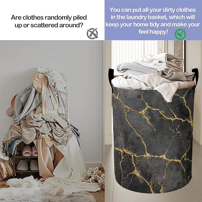 Laundry Basket,Black Gold Marble Large Canvas Fabric Lightweight Storage Hamper Organizer Dirty Clothes Collapsible Waterproof for College Dorms,Bathroom